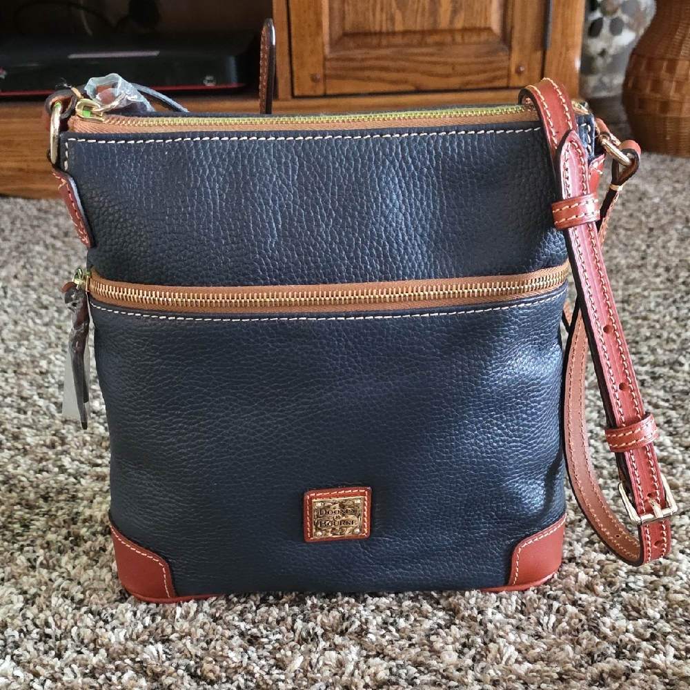 Dooney & Bourke Black Pebble Leather Crossbody with Brown Trim and Gold Hardware